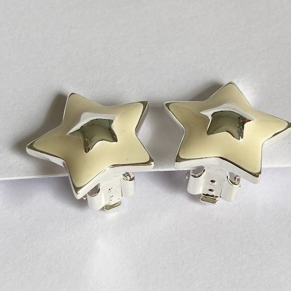 Vintage White Enamel Stars Clip On Earrings 80s 90s Silver Plated Celestial - Picture 7 of 11